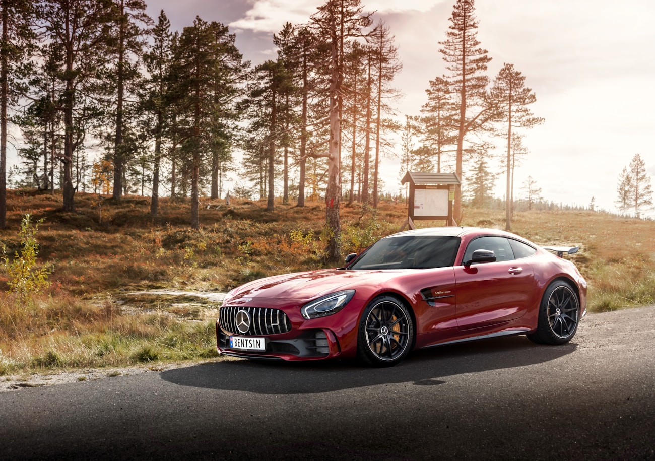 Красный Mercedes-AMG GT R на лесной дороге в закатном свете
